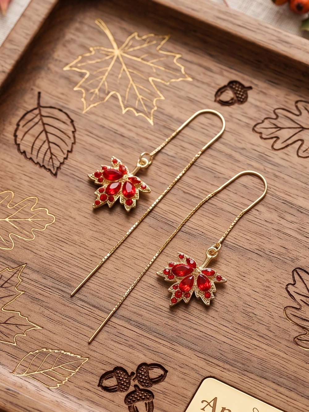 Gold Plated Red Crystal Maple Leaf Drop Threader Earrings. New.